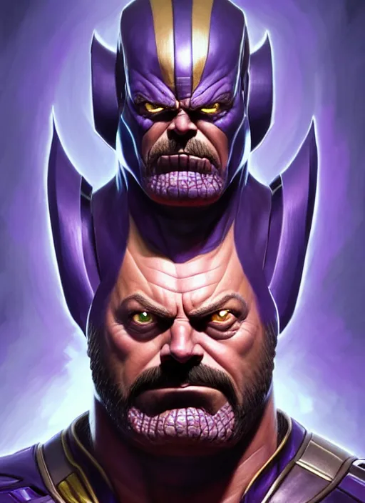 Prompt: portrait of nick offerman as thanos, muscular! fantasy, intricate, elegant, highly detailed, digital painting, artstation, concept art, smooth, sharp focus, illustration, art by artgerm and greg rutkowski and alphonse mucha