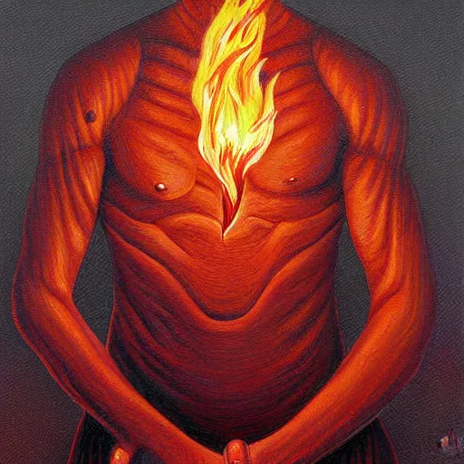 Image similar to a hyper realistic painting of a young fire - man, all body covered with a fire, by jeffrey smith, by andrea kowch