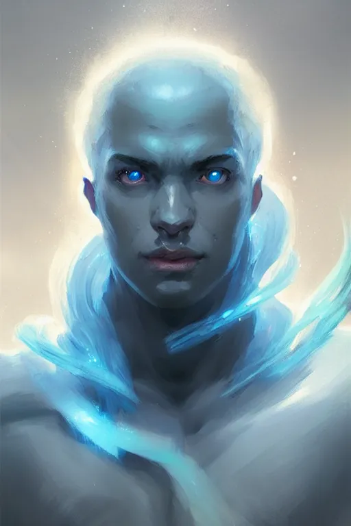 Image similar to portrait of a blue genasi tempest priest by Greg Rutkowski, d&d character, gradient white to cyan, blue ocean, highly detailed portrait, digital painting, artstation, concept art, smooth, sharp foccus ilustration, Artstation HQ