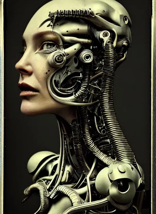 Image similar to a female cyborg profile face, by h. r. giger, by ismail inceoglu, by kiki smith, glamor shot, ambrotype, closeup, f / 2. 8, low contrast, 1 6 k, rim lighting, cinematic lighting, insanely detailed and intricate, hypermaximalist, elegant, ornate, hyper realistic, super detailed