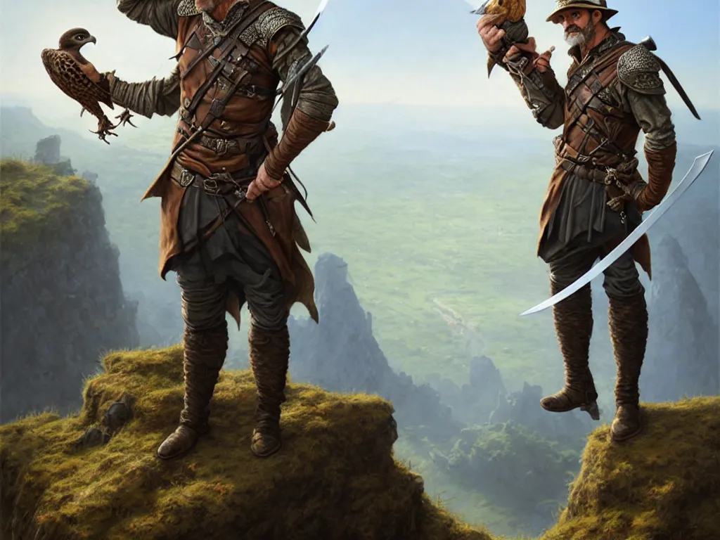 Image similar to middle age ranger with rugged expresions falcon pet on his sholder holding a long sword, top a cliff observing old ruins of a castle, elegant clothing, photorealistic render, matte patining, highly detailed, artstation, smooth, sharp focus, art by michael whelan, artgerm, greg rutkowski