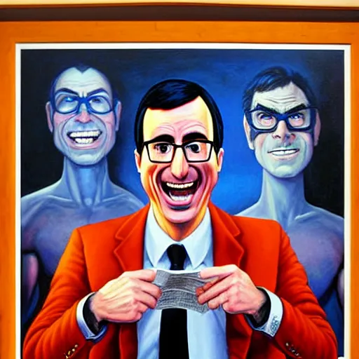 Prompt: Facial portrait. John Oliver, as Dexter looking at the camera, laughing like a maniac. dramatic background, dramatic illumination. extremely detailed painting on canvas. by Greg Capullo and by Henry Moebius and by John Romita Jr. Shown in a newspaper.