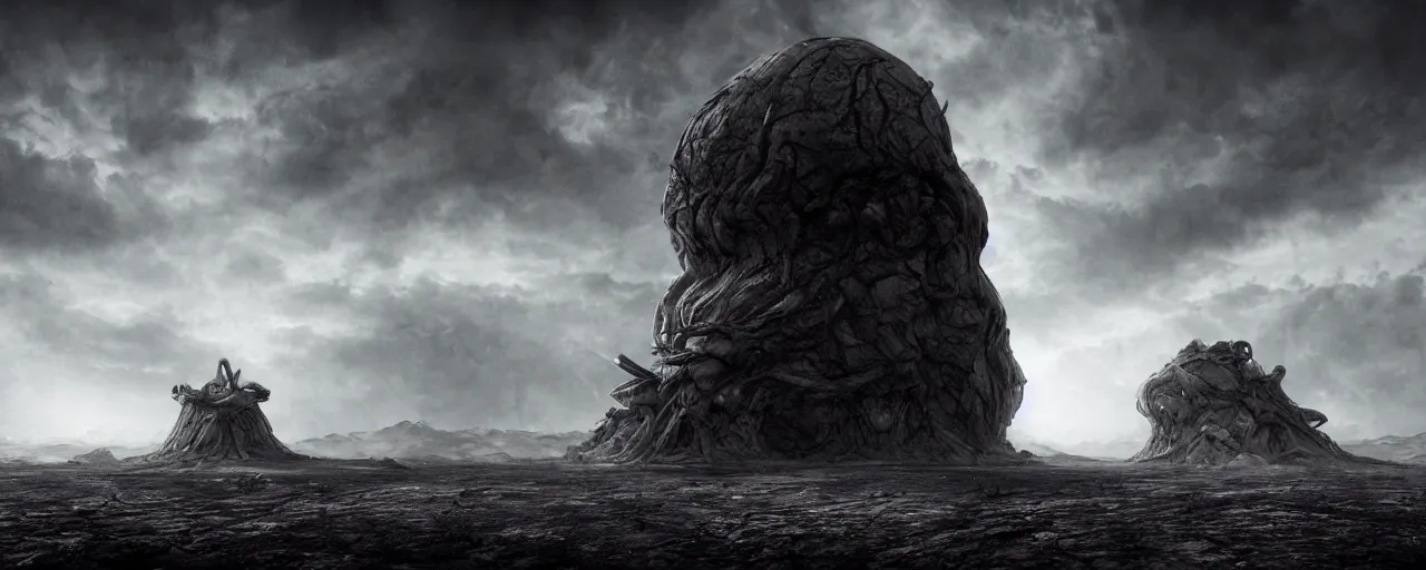 Image similar to a large ominous and geometric like large alien structure built on a barren dry land with an epic cloud formation on the background by HR GIger, Dariusz Zawadzki, Neil blevins, Feng Zhu, gustave doré, zhuoxin ye, very detailed, octane render, 8k, oranate and brooding, scary and dark, canon 24mm lens