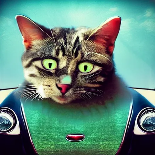 Image similar to a cat in the car, creative photo manipulation