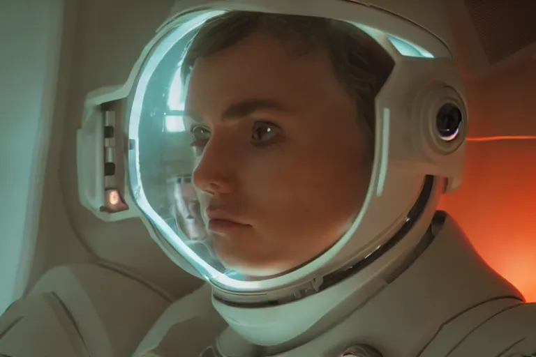 Image similar to VFX movie of a futuristic spaceman closeup portrait in high tech spaceship, beautiful natural skin neon lighting by Emmanuel Lubezki