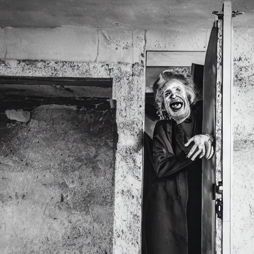 Image similar to scary old lady laughing in an abandoned prison, security camera, black and white, real