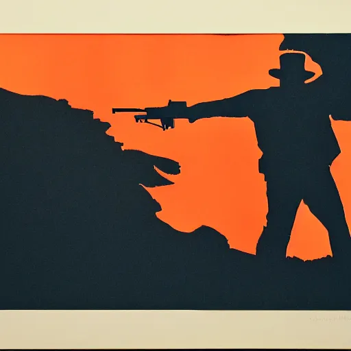 Prompt: transparent siluette of a outlaw pointing a gun. serigraph. screen - printed on top of a photograph. sun - bleached highlights. sanded surface with scratches soft colors