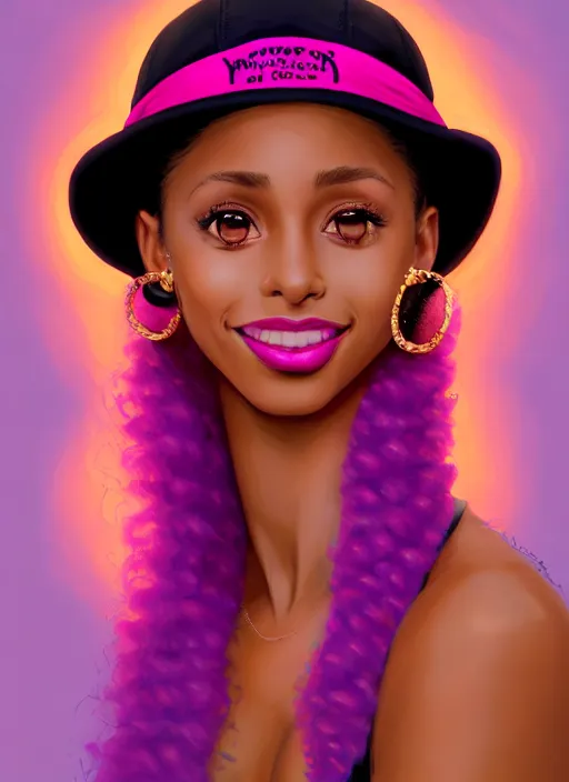 Image similar to portrait of young vanessa morgan with bright pink hair, black girl, vanessa morgan, curly pixie cut hair, wearing purple newsboy cap, newsboy cap, subtle smile, hoop earrings, intricate, elegant, glowing lights, highly detailed, digital painting, artstation, concept art, smooth, sharp focus, illustration, art by wlop, mars ravelo and greg rutkowski