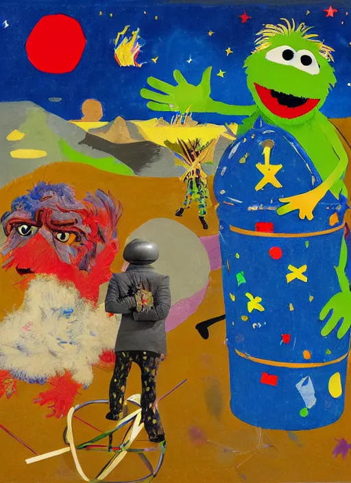 Image similar to expressionistic decollage painting, trash can tarot card fool with sesame street elmo and kermit muppet knight on a horse in a dark red cloudy night sky with golden foil jewish stars, mountain lake and blossoming field in background painted by adrian ghenie, francis bacon, daniel richter and hilma af klint, ultra naive, children painting, 8k, extreme detail, masterpiece