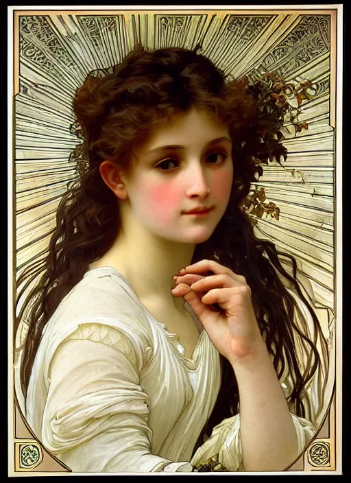 Prompt: portrait of a beautiful angel, intricate, elegant, highly detailed by alphonse mucha and william - adolphe bouguereau