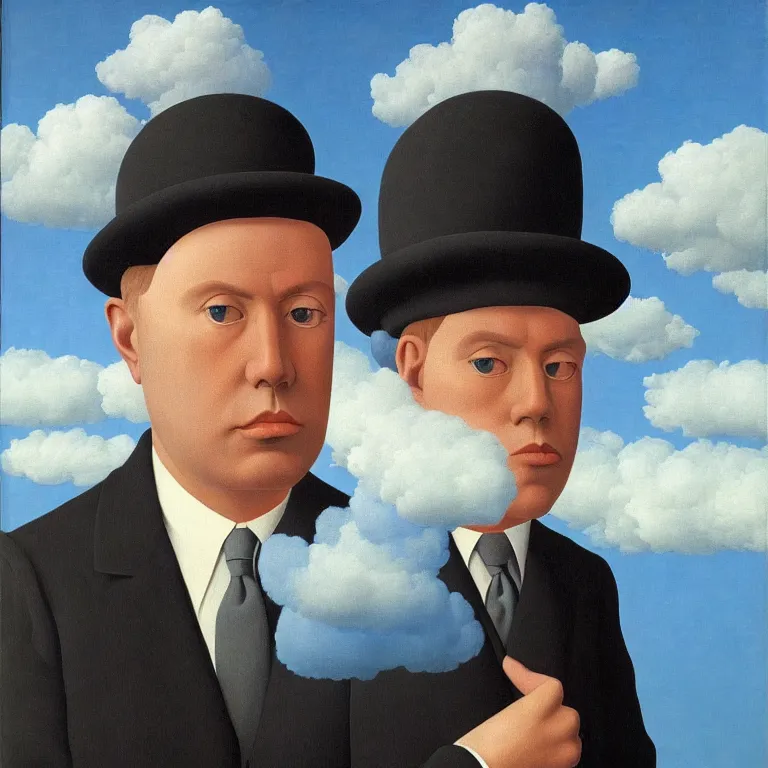 Prompt: portrait of a man whos head is hidden of clouds, by rene magritte, detailed painting, hd, hq, high resolution, high detail, 4 k, 8 k