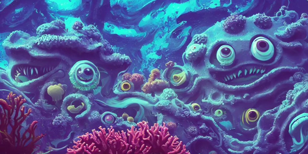 Prompt: of a colorful cloudy deep sea under water with strange cute friendly happy creatures with huge eyes, mouth, long tongue and round teeth appearing from sandy coral, in the style of gehry and gaudi, macro lens, shallow depth of field, highly detailed, digital painting, trending artstation, concept art, illustration, cinematic lighting, photorealism, epic, octane render