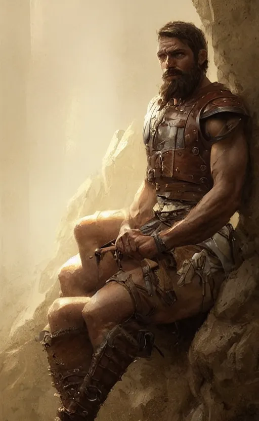 Image similar to Portrait of a rugged ranger sitting down, male, muscular, straight nose!!!, detailed face, handsome face, bare thighs!!!, simple clothing!!!!!, fantasy, medieval, highly detailed, cinematic lighting, digital art painting by greg rutkowski