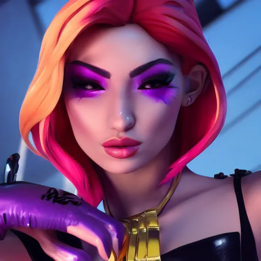 Prompt: still of pretty KDA More Miss Fortune (wild rift) close up in KDA More music video. 3d render, octane render, game art, realistic, highly detailed, trending on artstation, 4k, trending on artstation, cgsociety, unreal engine 5, redshift render, trending on artstation, blender, behance, cg