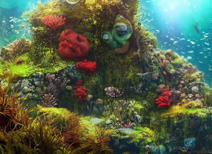 Prompt: overgrown foliage overtaking favela, underwater environment, coral, scenery, professional, award - winning, trending on artstation, detailed, realistic, beautiful, emotional, shiny, golden, picture