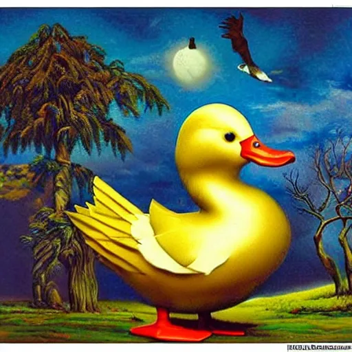 Image similar to oh my god, the duck, don't look at him, surrealism, dreamcore