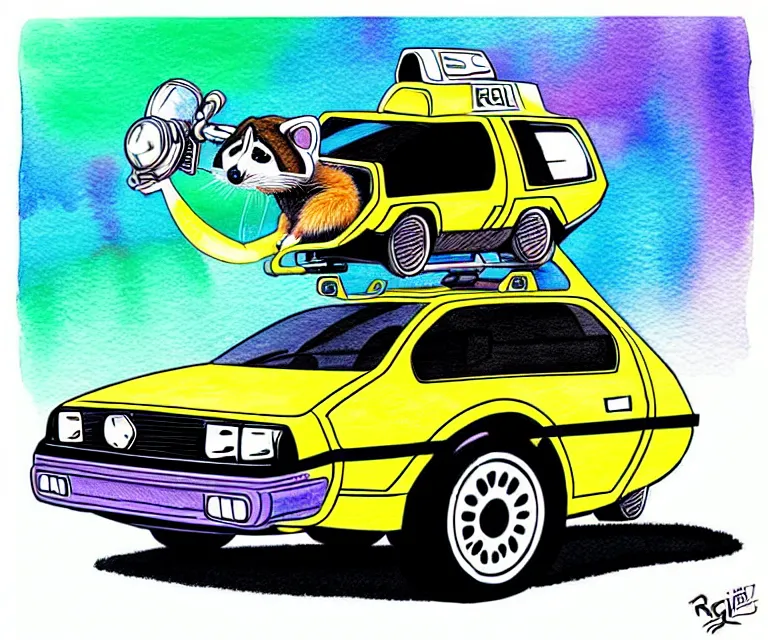 Image similar to cute and funny, racoon wearing a helmet riding in a tiny hot rod delorean with oversized engine, ratfink style by ed roth, centered award winning watercolor pen illustration, isometric illustration by chihiro iwasaki, edited by range murata