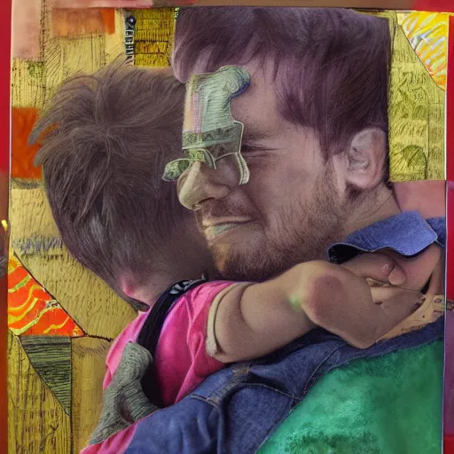 Prompt: hyperrealistic maximalist mixed media collage of a father with child. pastel tones
