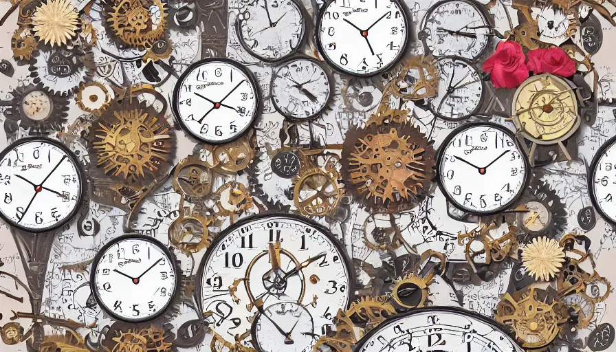 Image similar to flowers and steampunk clock still life pattern, white background