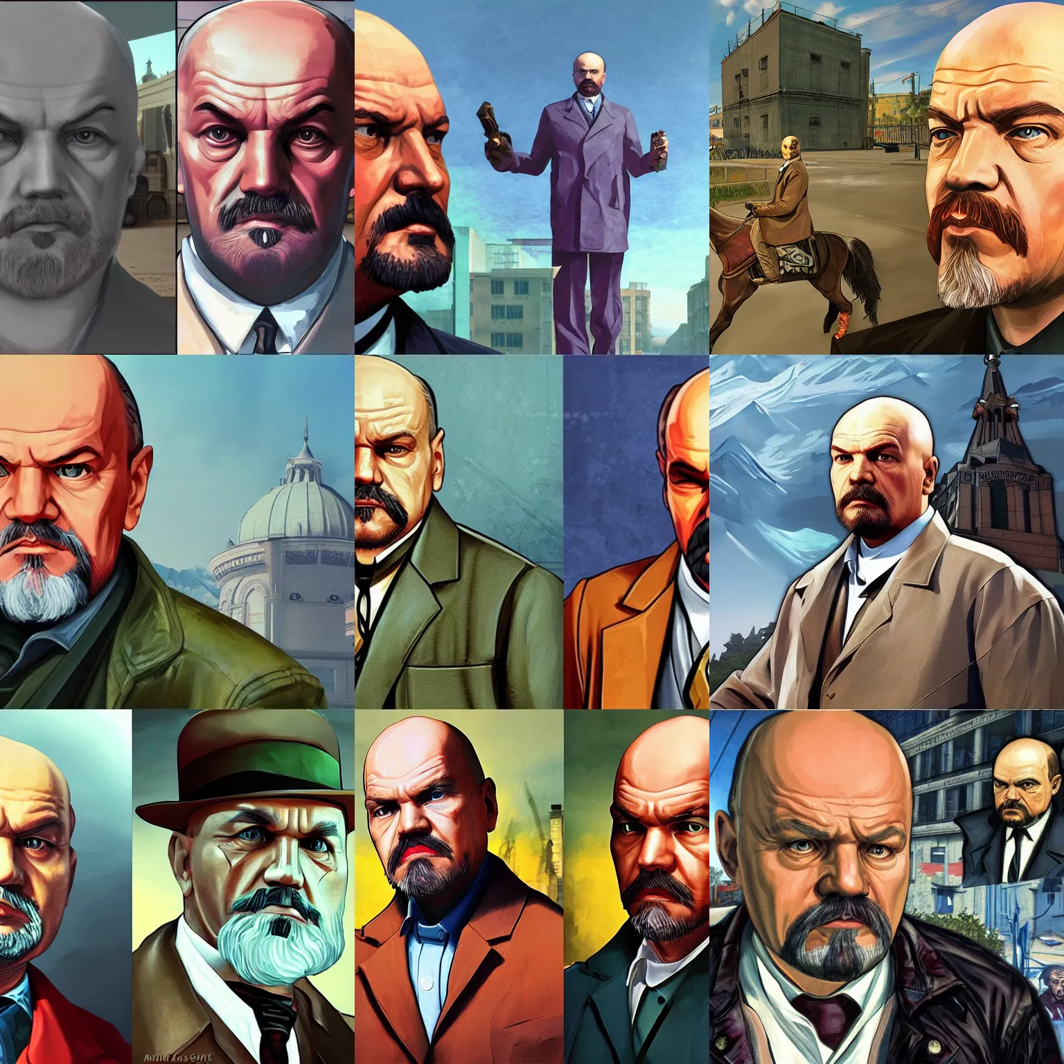 Prompt: Lenin as a character in the game GTA VI, with a background based on the game League of Legends, detailed face, PAINTING BY android jones