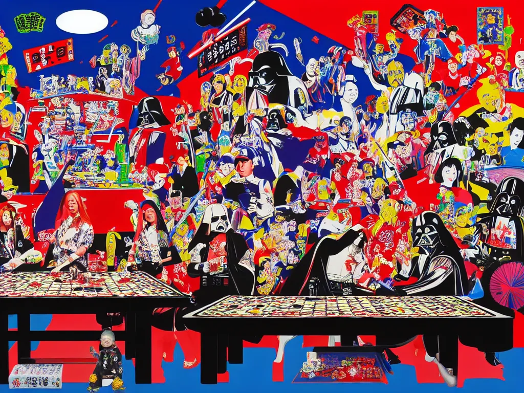 Image similar to hyper - realistic composition of a large room with an extremely detailed poker table in the center, woman in traditional japanese kimono standing nearby, darth vader sitting at the table, fireworks in the background, pop art style, jackie tsai style, andy warhol style, acrylic on canvas, dull palette