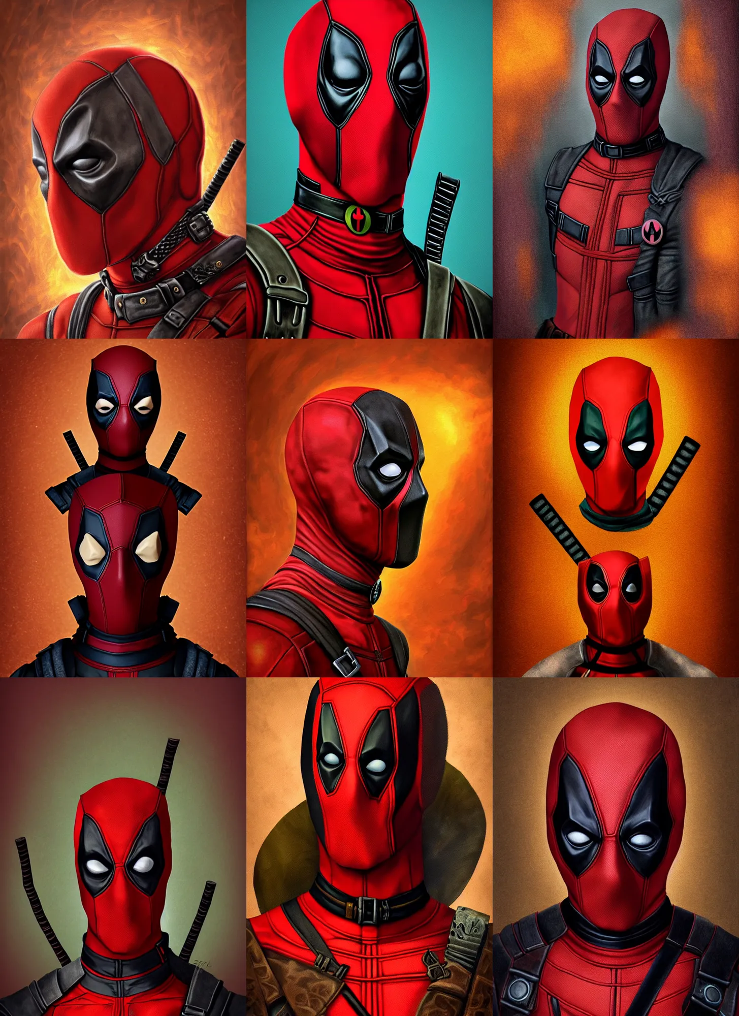 Prompt: renaissance autumnal, deadpool portrait!! a surrealist painting, polycount, behance, surrealism, surrealist, lovecraftian, cosmic horror, grotesque, fantasy, portrait, highly detailed, digital painting, trending on artstation, concept art, sharp focus, illustration, by dr seuss