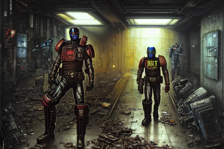 Image similar to portrait of judge dredd in megacity one. cyberpunk artwork, dilapidated hallway lots of doors. dirty, grime. 4 k digital art, 8 0's style. tomasz alen kopera, peter mohrbacher, donato giancola, boris vallejo, drew struzan realistic detailed oil painting, urban horror, frank frazetta, brian bolland