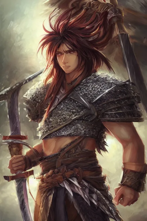Prompt: A realistic anime portrait of a young handsome male barbarian with long wild hair, intricate fantasy spear, plated armor, D&D, dungeons and dragons, tabletop role playing game, rpg, jrpg, digital painting, by Stanley Artgerm Lau, Sakimichan, WLOP and Rossdraws, digtial painting, trending on ArtStation, SFW version