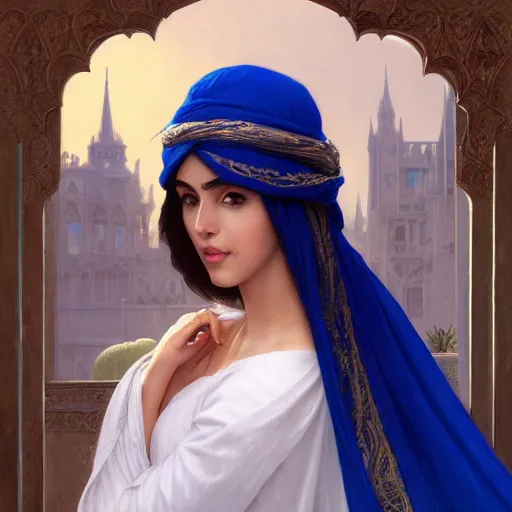 Image similar to ameera al taweel, bright blue eyes, long wavy black hair, white veil, front , highly detailed, digital painting, artstation, concept art, smooth, sharp focus, illustration, ArtStation, art by artgerm and greg rutkowski and alphonse mucha and J. C. Leyendecker and Edmund Blair Leighton