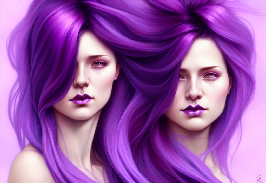 Image similar to Purple hair relistic Portrait of a two woman with bright colored flying hair, all shades of purple. Beauty face, Hair coloring, fantasy, intricate, elegant, highly detailed, digital painting, artstation, concept art, smooth, sharp focus, illustration, art by artgerm and greg rutkowski and alphonse mucha