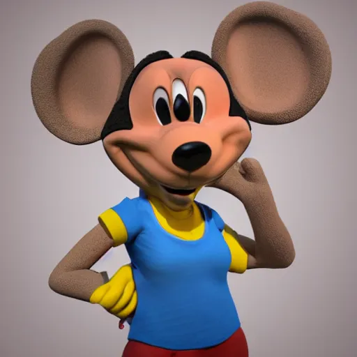 Image similar to 3 d render, portrait, upper body shot, mid shot, anthropomorphic mouse, female, wearing denim short shorts and a off yellow tank top shirt, in the style of disney's robben hood