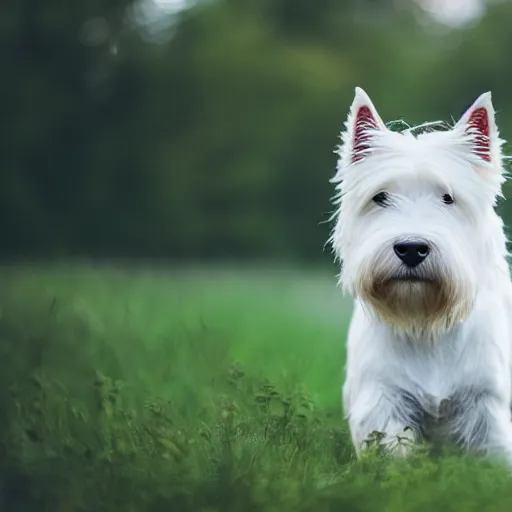 Prompt: the most beautiful west highland terrier, dramatic, depth of field, mist, particles, epic