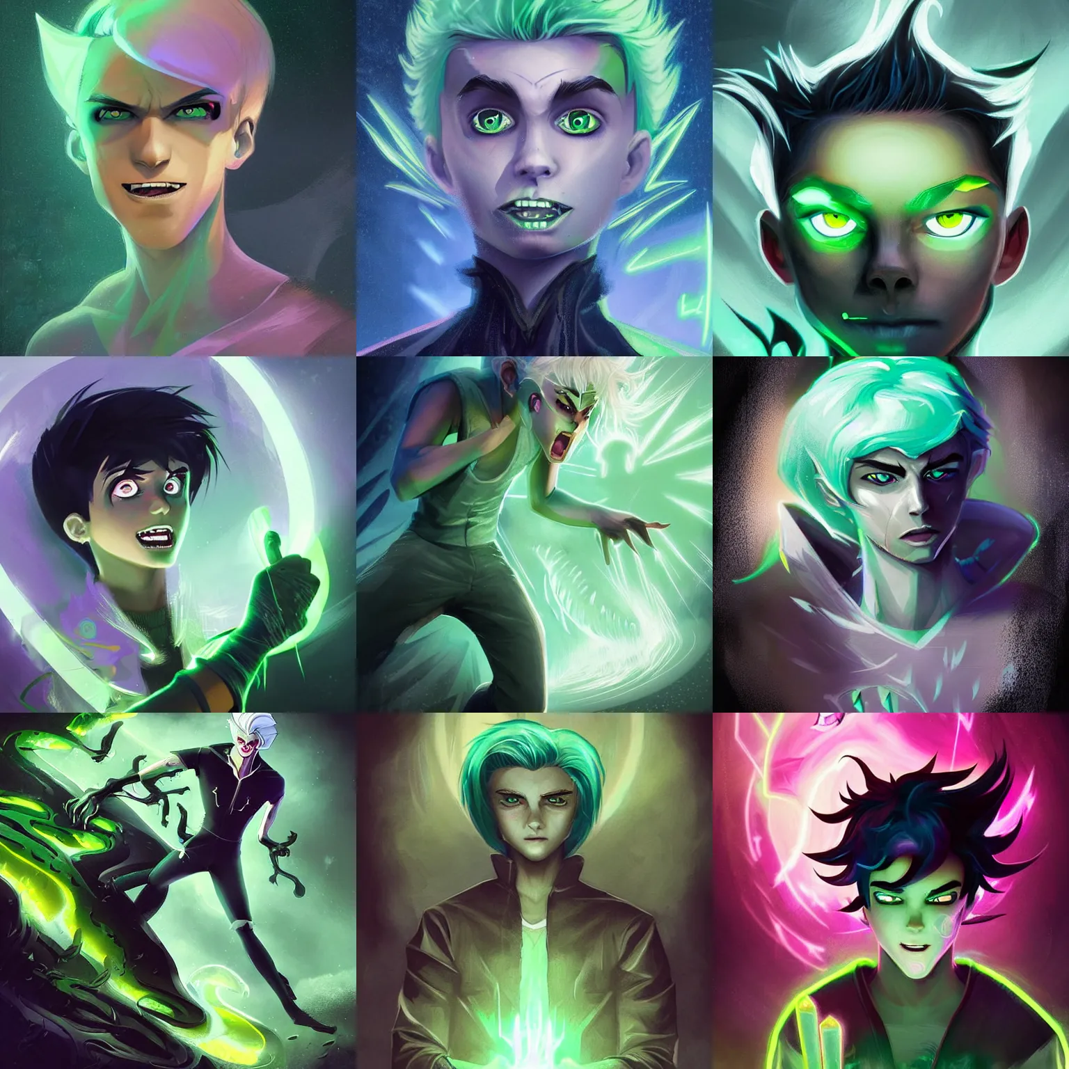 Prompt: A digital matte intricate illustration concept art of young Danny phantom with pointy fangs and snow white hair and glowing green eyes, pointy sharp teeth fangs alt art fashion inspired art by Charlie Bowater and WLOP and Mark Arian and Ross Tran + neon colors, symmetry , intricate complexity, epic composition, magical atmosphere, highly detailed, cinematic lighting + masterpiece, trending on artstation + 8k