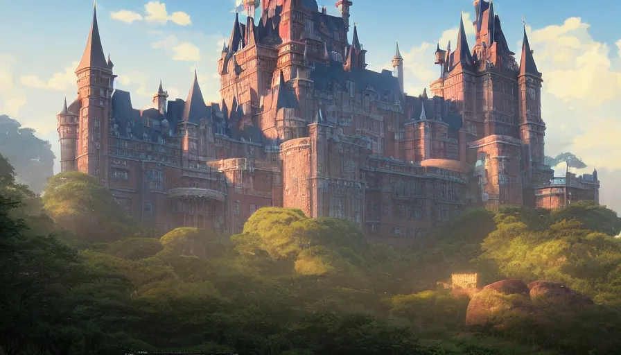 Prompt: A highly detailed matte painting of a huge american castle by Studio Ghibli, Makoto Shinkai, by Artgerm, by beeple, by Greg Rutkowski, volumetric lighting, octane render, 4K resolution, trending on artstation, masterpiece