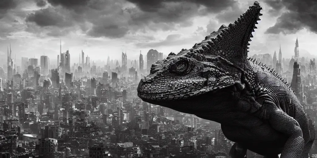 Image similar to giant lizard looming over city, grayscale, old time camera, realistic 4 k octane beautifully detailed render, 4 k post - processing, highly detailed, intricate complexity, epic composition, magical atmosphere, cinematic lighting, masterpiece, ultra hd