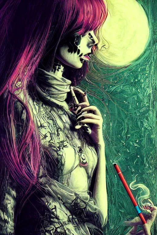 Image similar to Gothic girl smoking a cigarette, 60s kitsch and psychedelia, dark background. digital art. amazing quality. perfect lighting. Professional design. Great composition. by Ayami Kojima and Tomoyuki Yamasaki and Tsutomu Nihei, octane render, award winning art. impressive colors. trending on artstation. James Ensor style