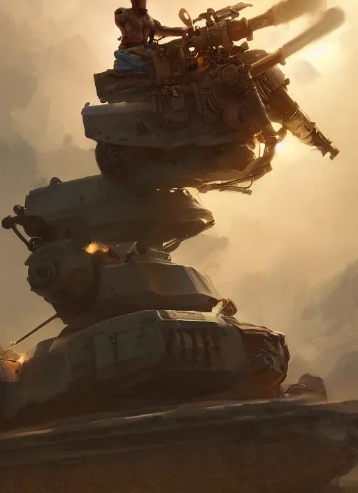 Prompt: side profile of a filipino man sitting on a tank holding a scepter eating popcorn, fantasy, digital painting, volumetric light, intricate, sharp, focus, bloom, illustration, highly detailed, concept art, matte, ruan jia, randy vargas, greg rutkowski