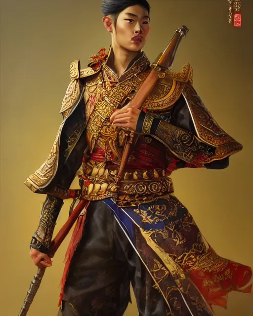 Prompt: portrait of a handsome young sukhothai warlord, art by lixin yin and denys tsiperko and bogdan rezunenko, hyperrealism, historical costume, elegant, fantasy art