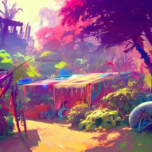 Image similar to hippie bohemian encampment with tie - dye tents and a garden. cyberpunk art by jesper ejsing, by rhads and makoto shinkai and lois van baarle and ilya kuvshinov and rossdraws, cgsociety, panfuturism, nature utopia, bold colors, expressive brushstrokes. anime aesthetic