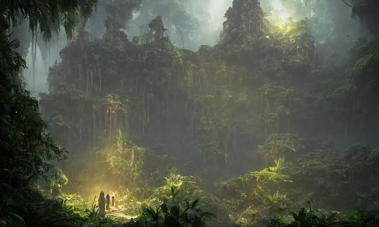 Image similar to Lost temple, covered in jungle, volumetric lighting, matte painting, greg rutkowski, artstation, 4k