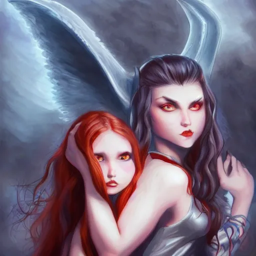 Prompt: portrait of pale smiling demonic girl with devil\'s horns and angel nimbus, cover by Artgerm  from artstation