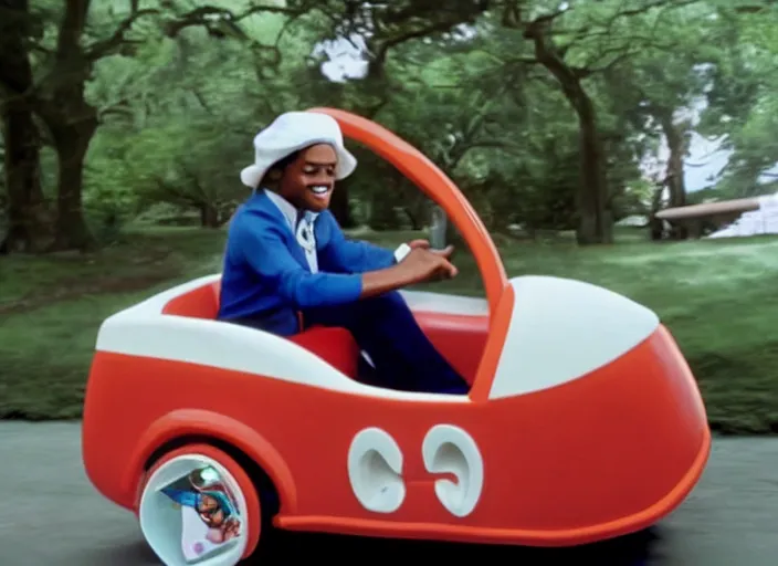 Image similar to michael jackson driving a little tikes cozy coupe, movie still, from the new jumanji movie, 8 k, realistic