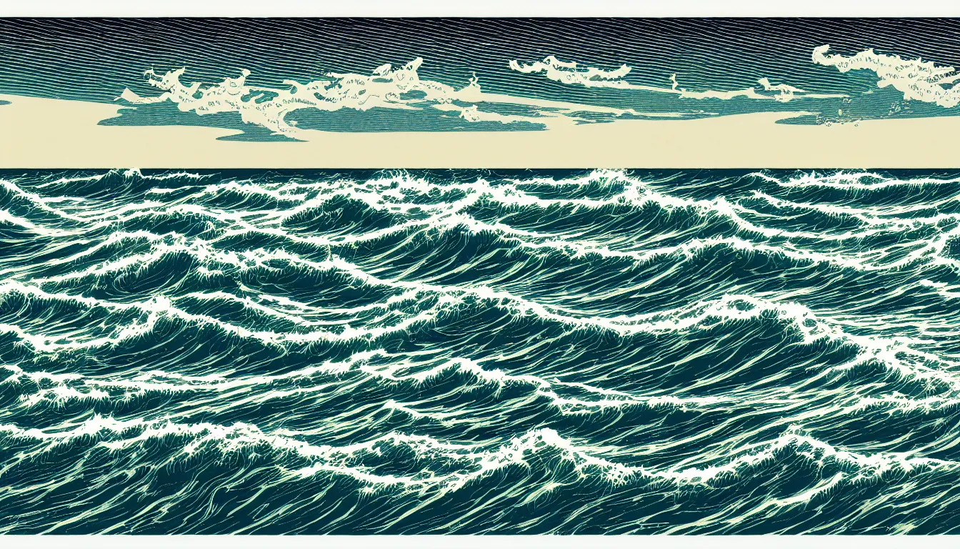 Image similar to ocean storm by dan mumford and peter doig and edward hopper, symmetrical, minimal, black ink, thick lines highly detailed, muted colours, overlaid with chinese adverts, 8 k