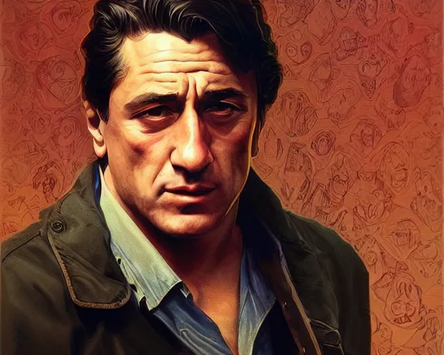 Prompt: portrait of a young robert de niro young in th 8 0's, intricate, highly detailed, digital painting, artstation, concept art, sharp focus, illustration, art by artgerm and greg rutkowski and alphonse mucha