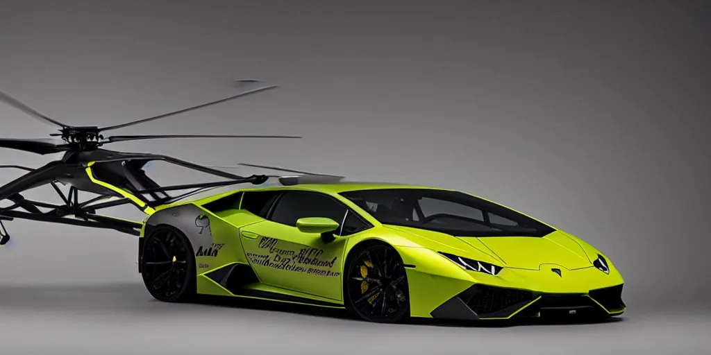 Image similar to a helicopter in a shape of lamborghini huracan car design, vehicle design, high detail, still shot