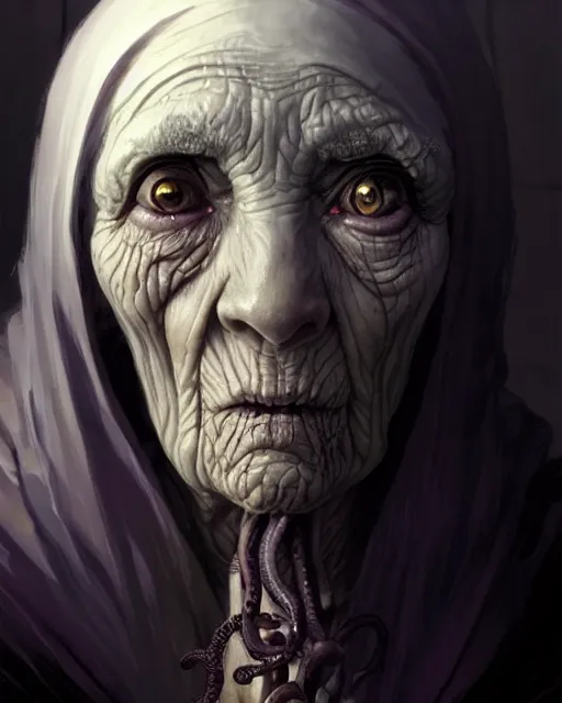 Image similar to a female necromancer old woman | | elderly - face, wrinkled face, realistic shaded perfect face, fine details. anime. tentacles, eldritch abomination, dunwitch horror, realistic shaded lighting poster by greg rutkowski, magali villeneuve, artgerm, jeremy lipkin and michael garmash and rob rey