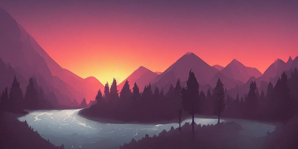 Prompt: a minimalist picture of a beautiful landscape, trees, stream, sunset, mountains, art by petros afshar