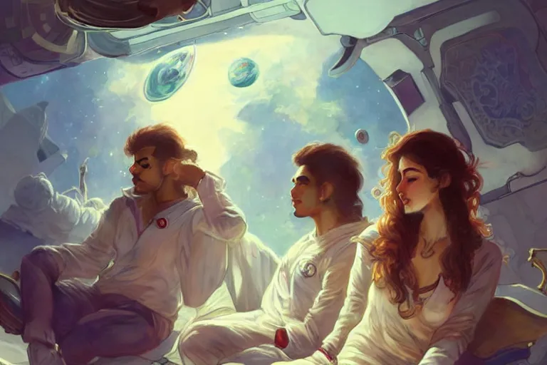 Image similar to Sensuous good looking pale young Indian doctors wearing jeans in a space station above Earth, portrait, elegant, intricate, digital painting, artstation, concept art, smooth, sharp focus, illustration, art by artgerm and greg rutkowski and alphonse mucha