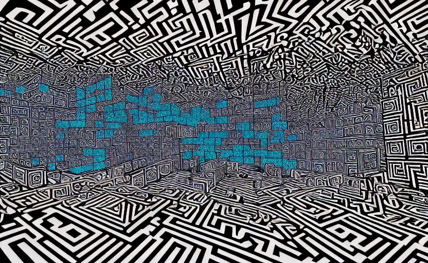 Prompt: interior of an elaborate labyrinth of runic cubes, endless maze - like tribal dark teal runes, ultrarealistic lighting, masterpiece by satoshi kon, crystal cubism, greeble, tesseract, darksynth, high definition