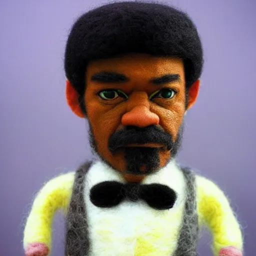 Prompt: needle felted Samuel L Jackson as Jules in Pulp Fiction (1994), highly detailed, tilt shift, eerie!!!, hyperrealism, highly textured, god rays